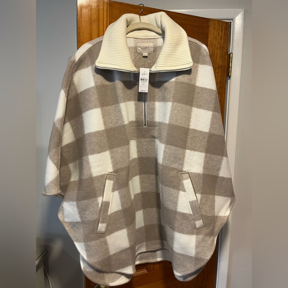 LOFT Cream and Beige Buffalo Plaid Half-Zip Poncho